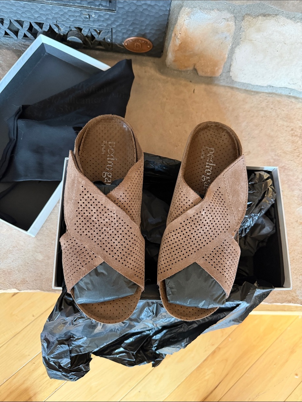 Pedro Garcia Brown Perforated Crisscross Slide Sandals
